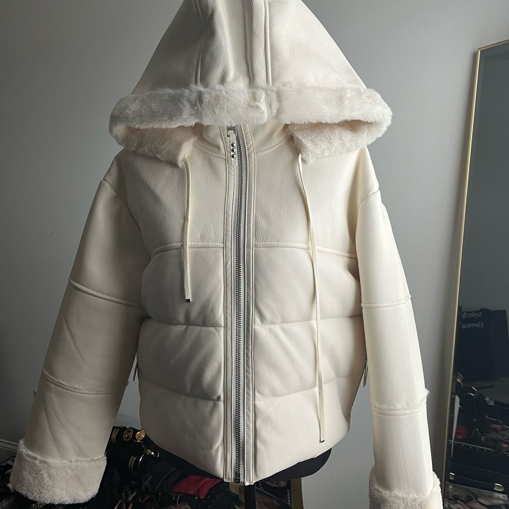 Rebecca Minkoff vegan leather Ecru puffer jacket size L